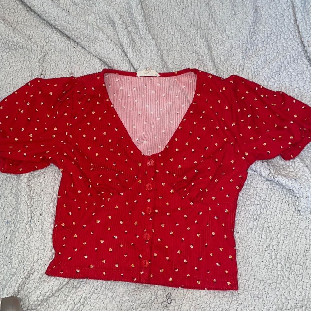 Red Floral V Neck shirt